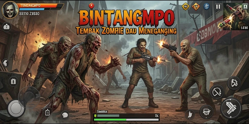 Screenshot BINTANGMPO menampilkan aksi seru melawan zombie.